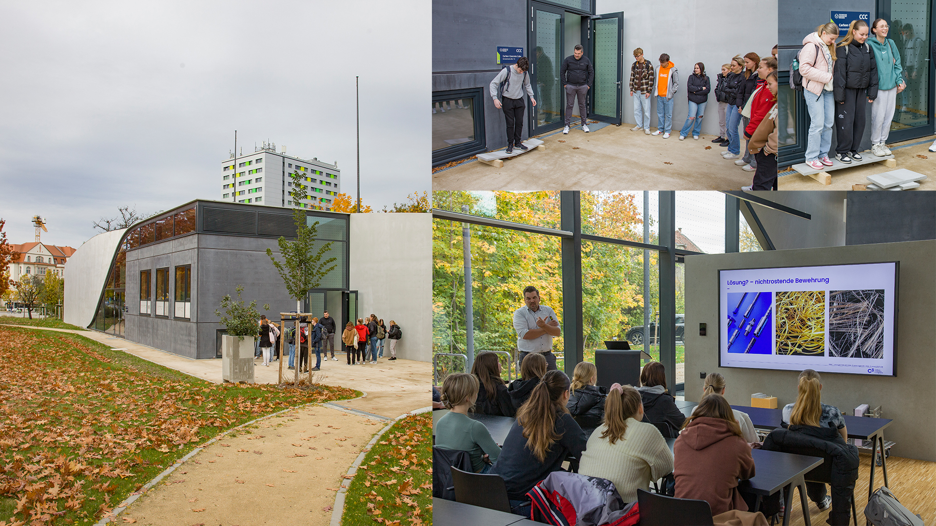 Schulklasse zu Gast im Carbonbetonhaus CUBE der TU Dresden